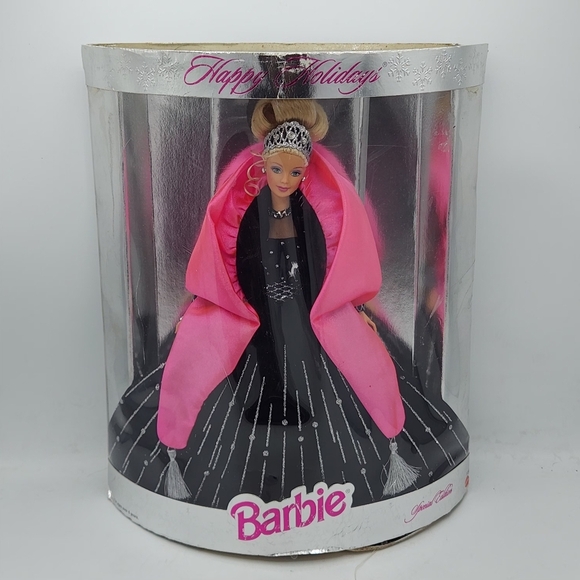 Vintage 1998 Happy Holidays Barbie Doll - Special Edition Black Gown Pink Shawl